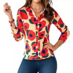 Blusa Encantadora con Estampado Floral Elegante y Simple de Mangas Largas Esencial para Dama Estilo Primavera Verano de Poliéster Colores Varios