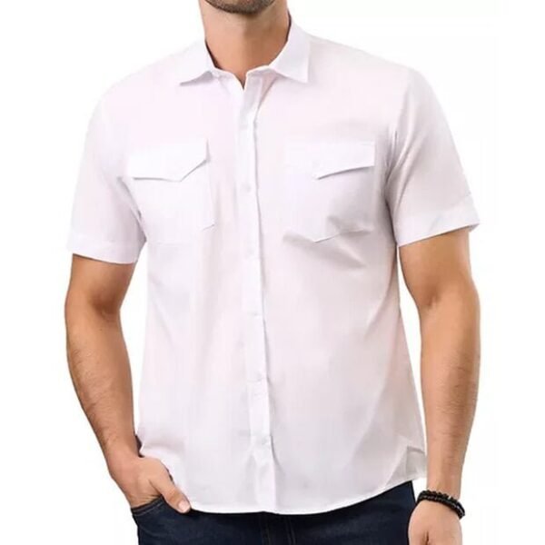 Camisa Lisa para Hombre con Bolsillos en el Pecho Camisa Casual de Manga Corta con Botones de Poliéster Color Blanco