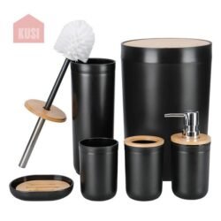 Juego de Limpieza y Organización del Baño Kit de 6 Piezas para Almacenar, Organizar y Limpiar el Baño de Bambú Color Negro