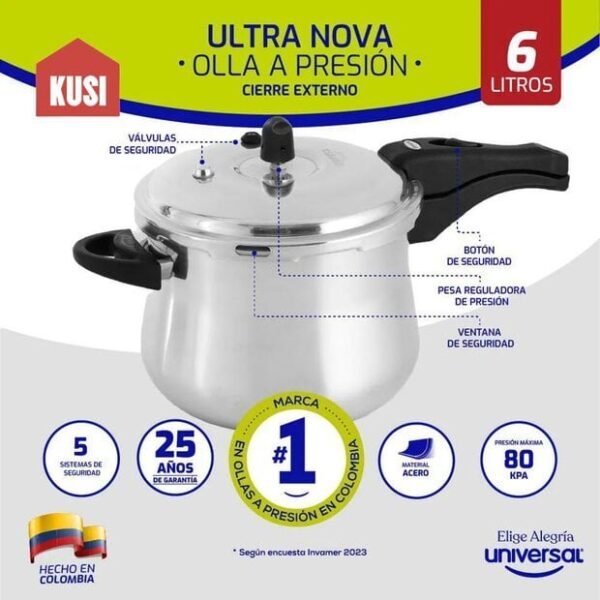 Olla Presión Nova Universal 6, 10 y 13 Litros de Aluminio Color Plateado